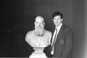 Les Eastman at Lords Museum, London, with a bust of WG Grace.