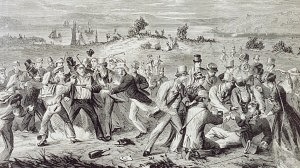 A wood engraving from 1868 captures the moment of the attempted assassination on Clontarf Beach.